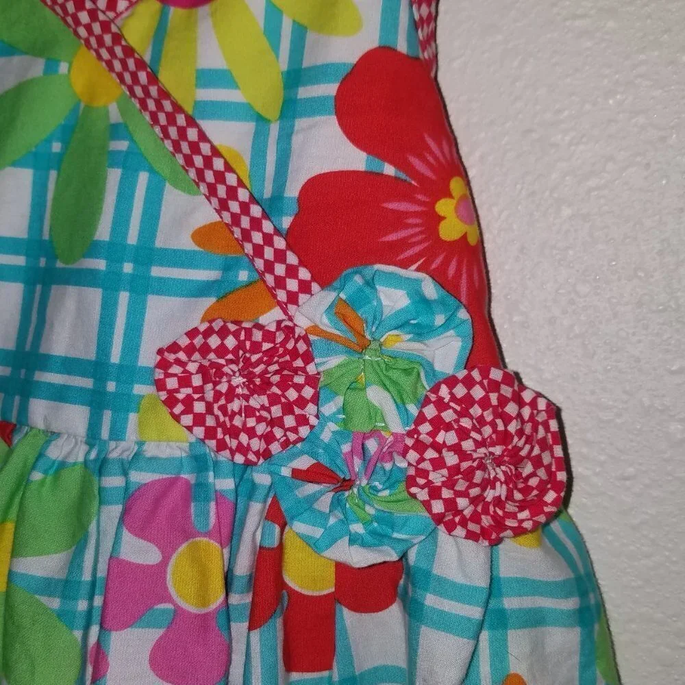 Marmellata Floral Toddler Girl Dress 4T Blue Plaid Red Yellow Pink Green Flowers